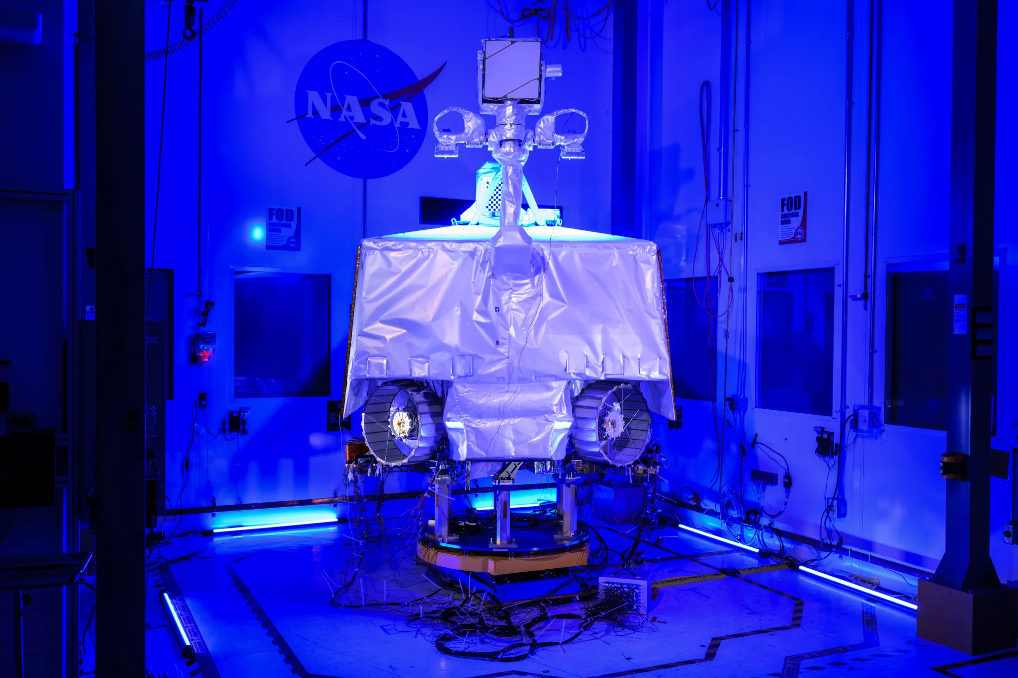 NASA’s VIPER – short for the Volatiles Investigating Polar Exploration Rover – sits assembled inside the cleanroom at the agency’s Johnson Space Center. Credit: NASA