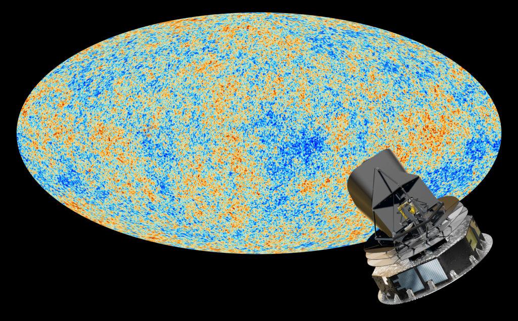 Fondo cósmico de microondas (CMB) observadas por el satélite Planck. El CMB es una fotografía de la luz más antigua de nuestro Universo, cuando tenía solo 380,000 años. Los diferentes colores representan pequeñas fluctuaciones de temperatura de esta luz primigenia.