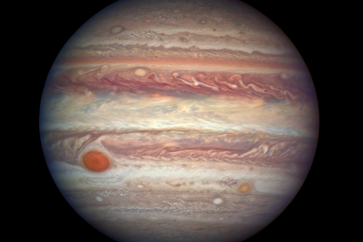 This photo of Jupiter, taken by NASA’s Hubble Space Telescope, was snapped when the planet was comparatively close to Earth, at a distance of 415 million miles. Credits: NASA, ESA, and A. Simon (NASA Goddard)