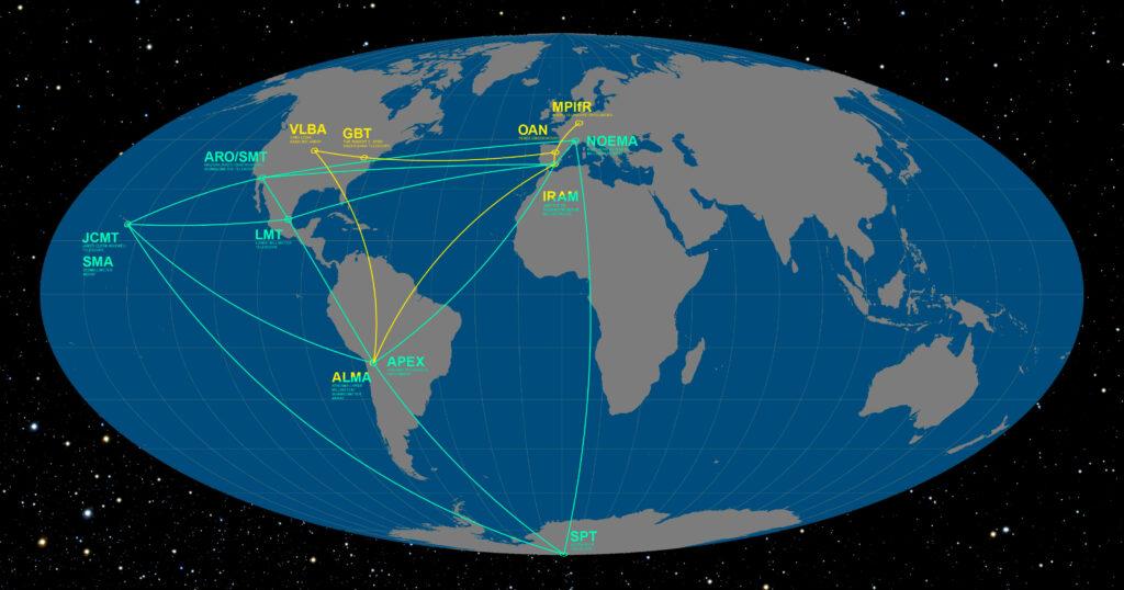 La ilustración muestra al consorcio de telescopios conectados llamado Telescopio Horizonte de Eventos EHT.