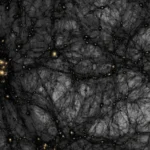 Simulación de la formación de estructuras de materia oscura desde el universo primitivo hasta la actualidad.