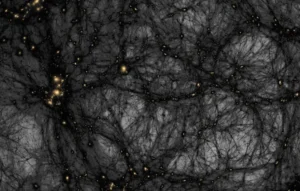 Simulación de la formación de estructuras de materia oscura desde el universo primitivo hasta la actualidad.