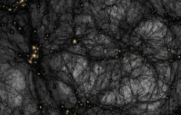 Simulación de la formación de estructuras de materia oscura desde el universo primitivo hasta la actualidad.