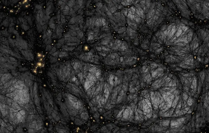 Simulación de la formación de estructuras de materia oscura desde el universo primitivo hasta la actualidad.
